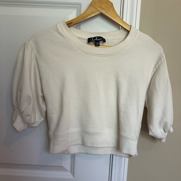 NWOT White Puff Sleeve Short Sleeve Cropped Sweatshirt - Picture 6 of 6